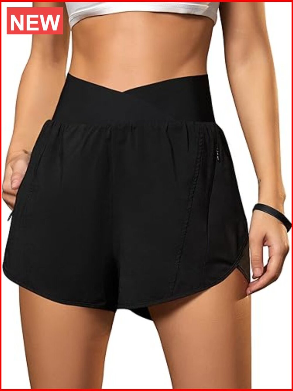 Crossover High Waisted Workout Shorts with Zipper Pockets and Tummy Control